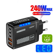 5 Port GaN USB C Charger 240W PD Fast Charging Adapter For iPhone 17 16 15 Pro Samsung Xiaomi Huawei Laptop Desktop PD Charger