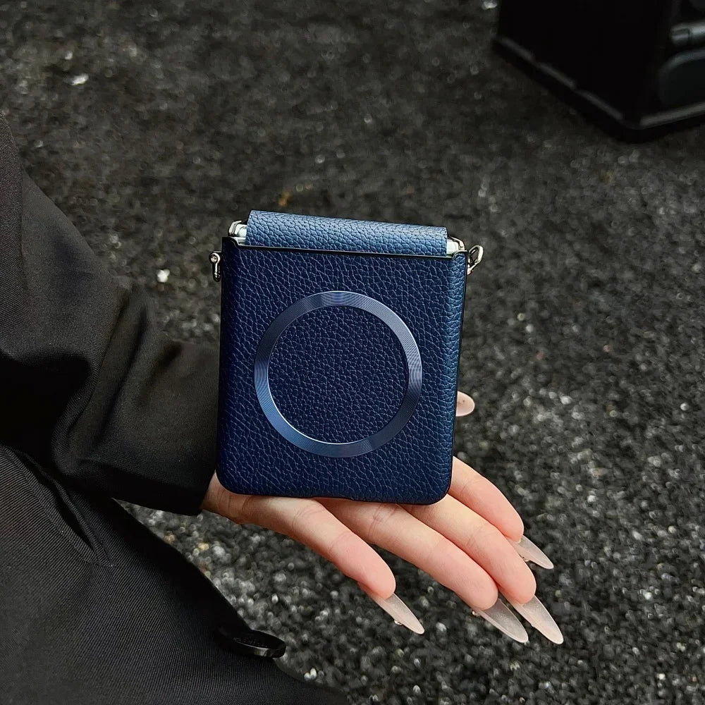 Original Lychee Pattern Leather for Magsafe Wireless Charging Case for Samsung Galaxy Z Flip 8 7 6 5 Strap Anti-drop Slim Cover