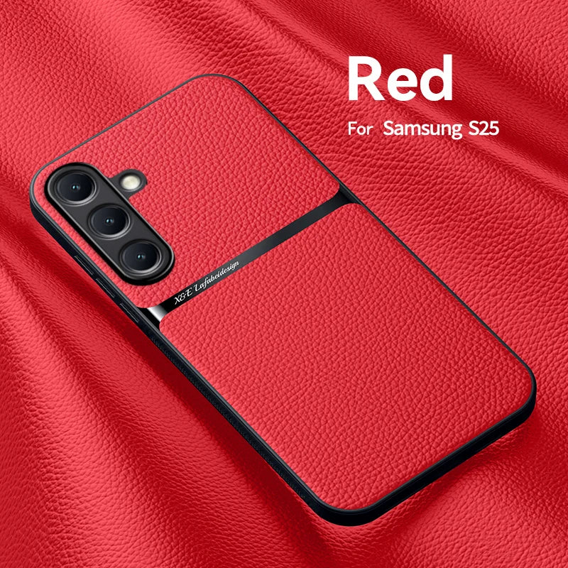 Back Leather Case Cover for Samsung Galaxy S25 S24 S23 Ultra Plus S25FE S24FE Car Holder Magnetic Leather Case Cellphone Coques