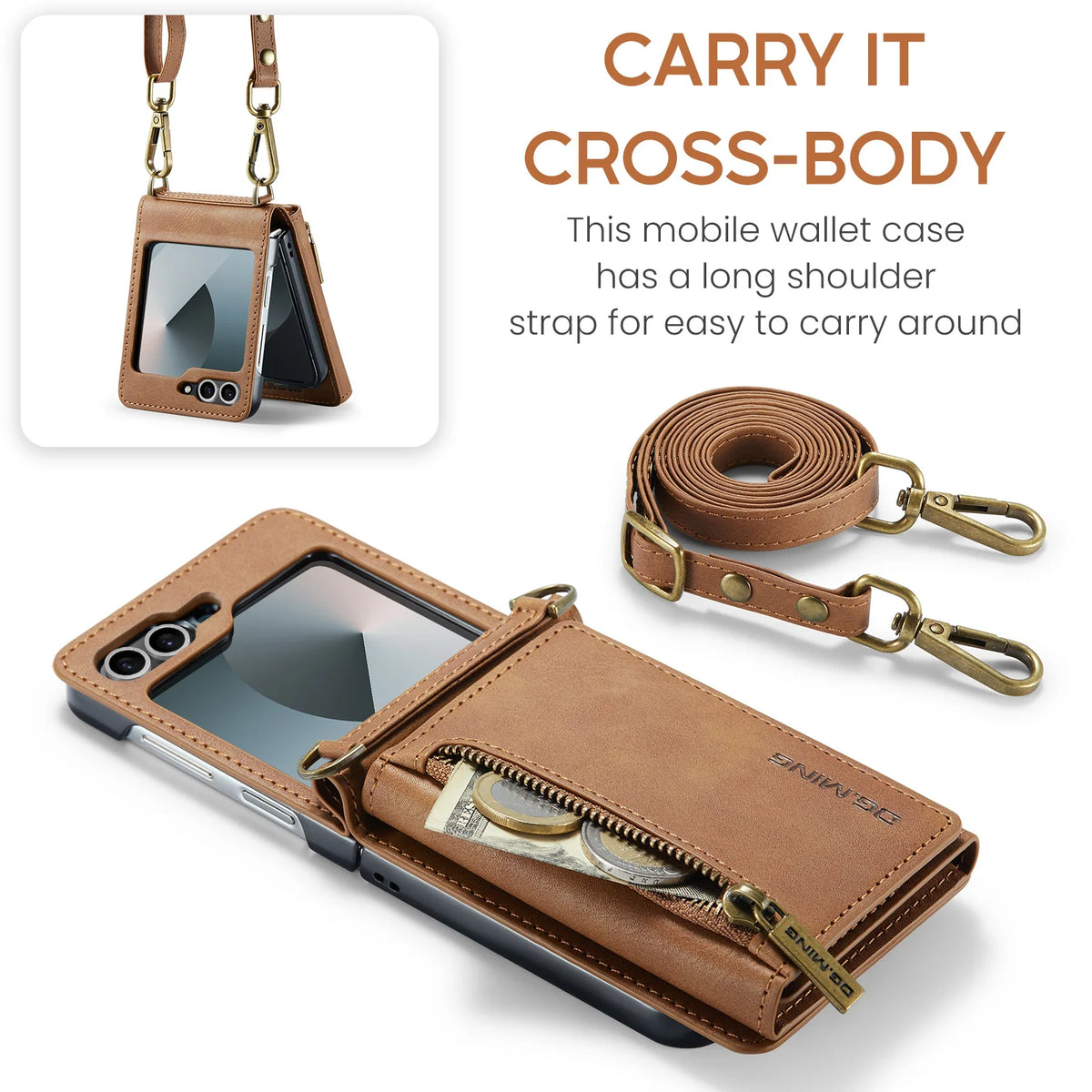 2 in 1 Luxury Leather Flip Phone Case For Samsung Galaxy Z Flip 8 7 6 5 4 3  Magnetic Wallet Card Solt Zipper Lanyard Cover ﻿