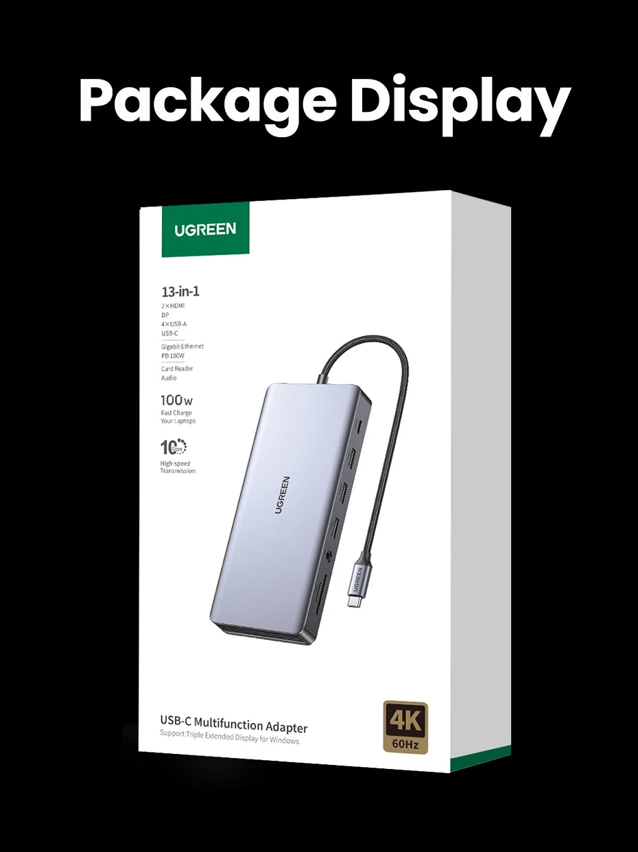 UGREEN 13-in-1 USB-C HUB Triple Monitor Extend 4K 2xHDMI 1xDP 10Gbps USB3.2 PD100W SD/TF RJ45 Dockingfor Windows Laptop HP Dell
