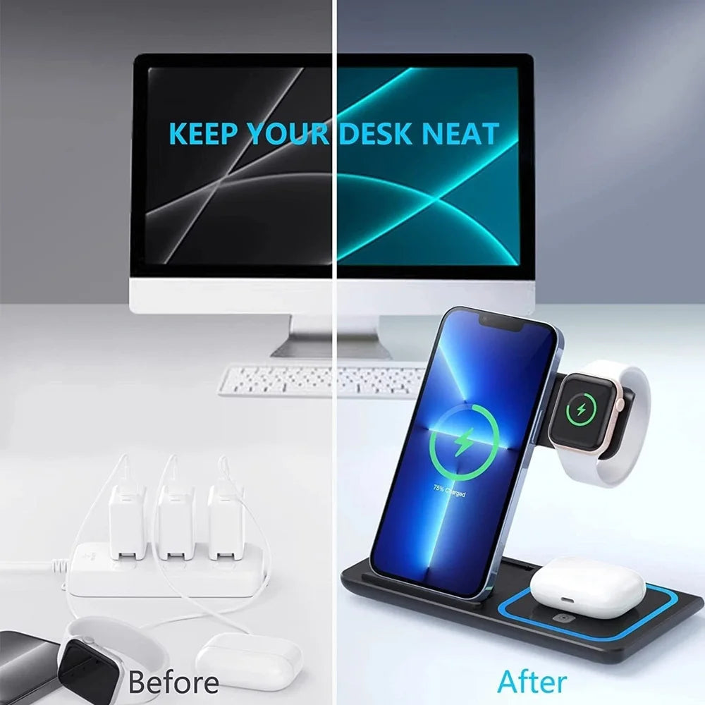 15W 3 in 1 Wireless Charger Stand Pad Foldable Fast Charging Station Dock For IPhone17 16 15 14 13 12 11 X 8 Apple Watch Airpods