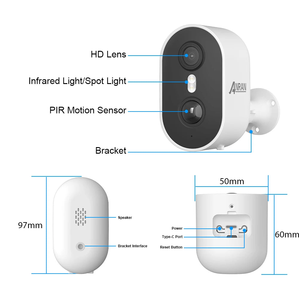 ANRAN 2K Rechargeable Battery Camera 2.4G WiFi Camera Wireless Home Surveillance Security Cameras PIR, IP65, Work with ANRAN App
