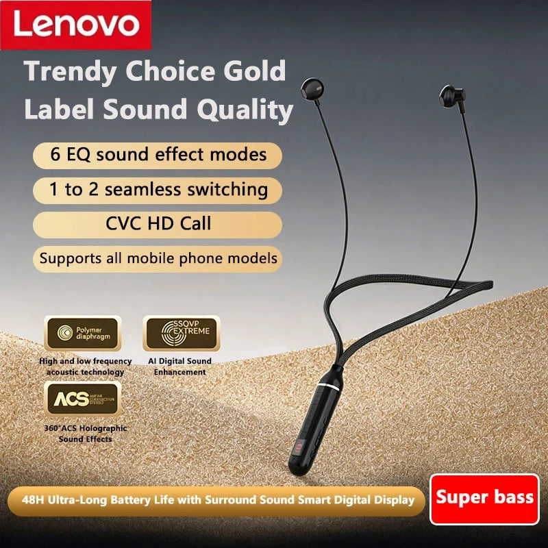 Lenovo Wireless Bluetooth 5.4 Neckband Headphones 48H Low Latency Gaming Dual Mode TFCard CVC HD Call 360 Sound Noise Cancelling