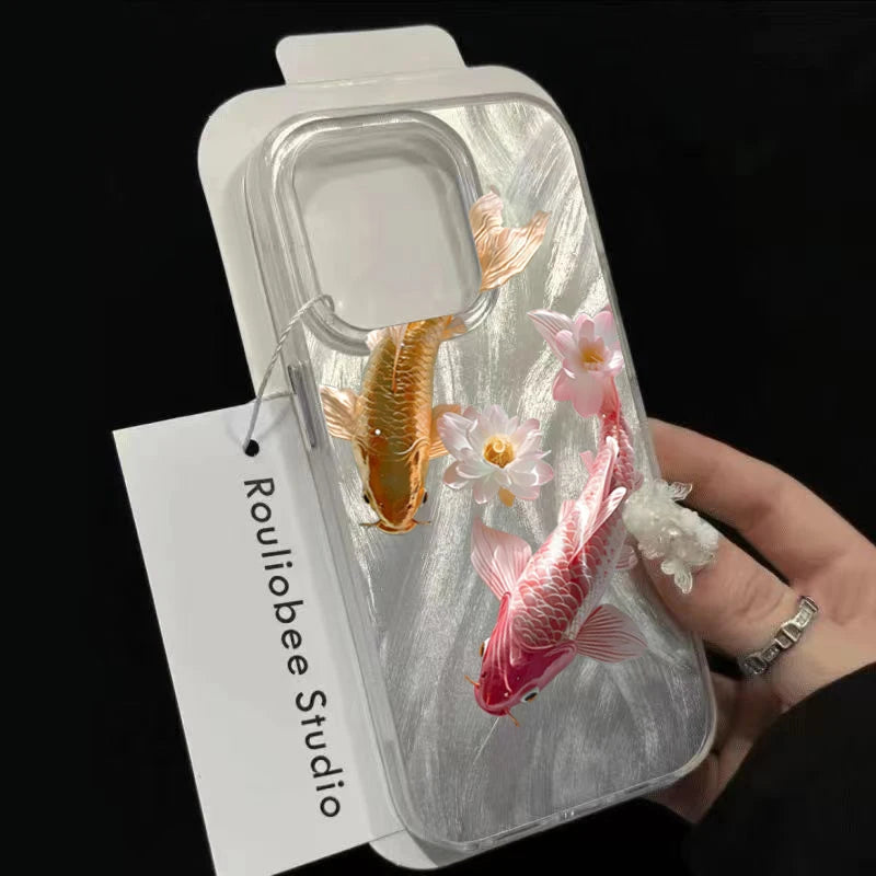 Feather Yarn Colorful Golden Lotus Koi Phone Case For iPhone 11 12 13 14 15 16 17 Air Pro Max XS XR X 7 8 Plus 16E SE 2 Cover