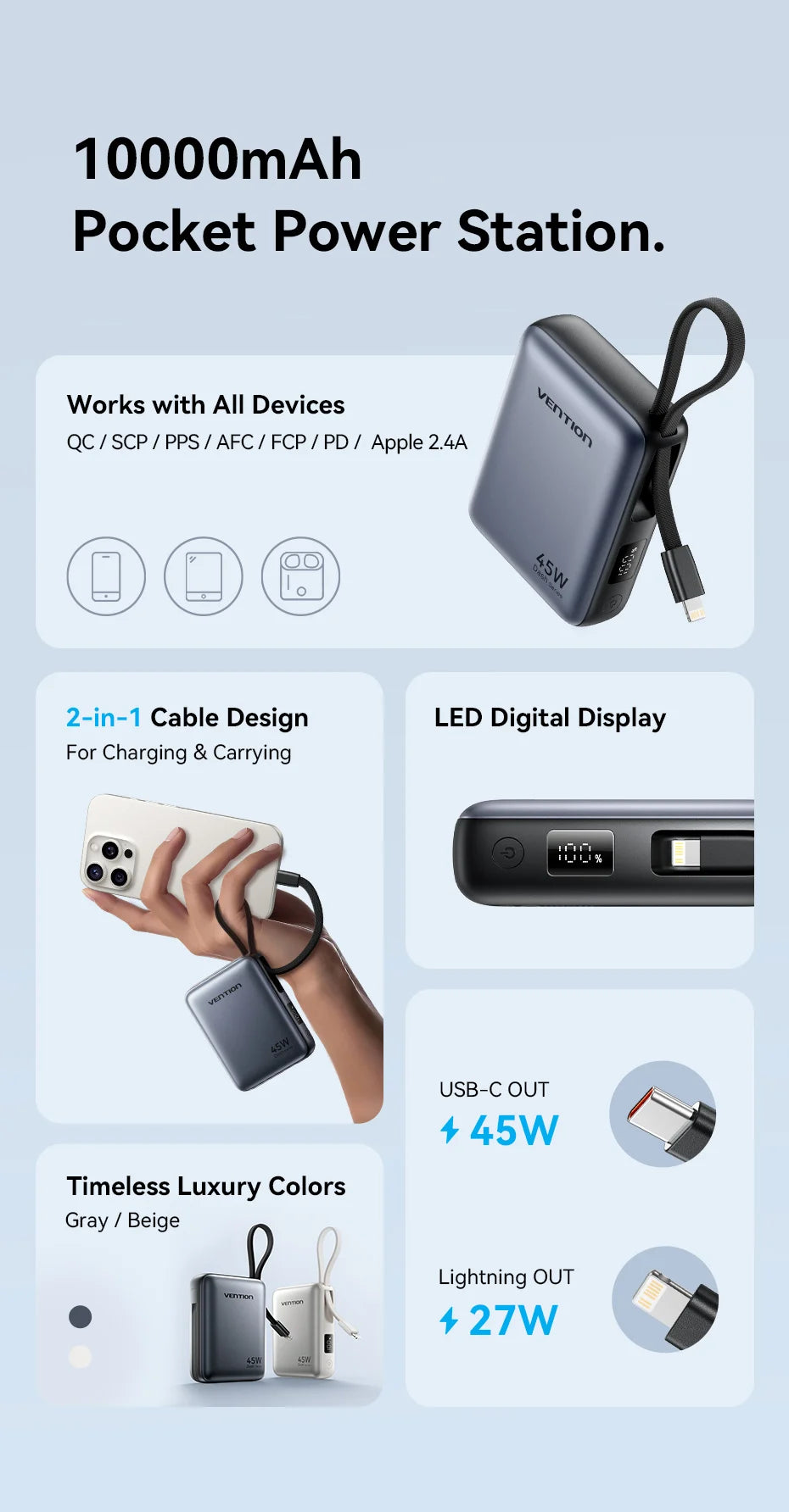 Vention 45W 10000mAh Power Bank Built-In USB-C Cable Portable Powerbank for iPhone 17 Samsung S26 Pocket-Sized Auxiliary Battery