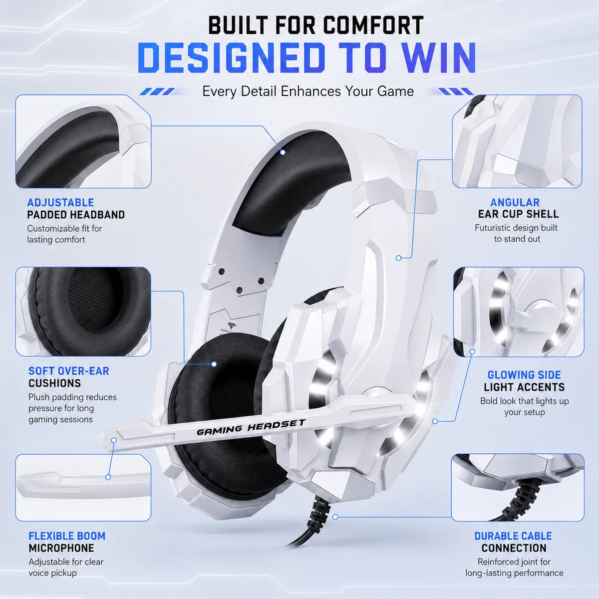 Gaming Headset G9000 Wired Over Ear Headphones White RGB LED with Mic Stereo Bass for PC PS4 PS5 Xbox Switch Gaming