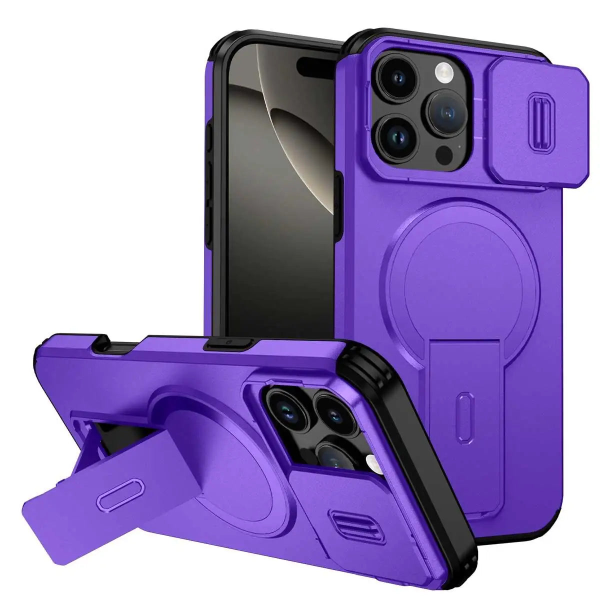 Heavy Duty Magnetic Camera Slide+Kickstand Phone Case For iPhone 16 15 14 13 12 11 Pro Max 16 15 14 Plus 13mini 12mini 16E17E 17