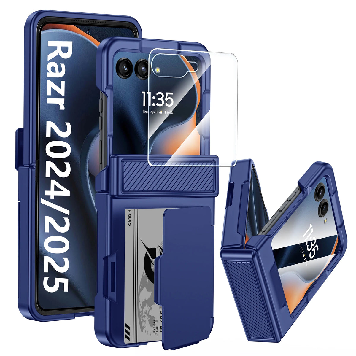 With Card Clip,Hinge Protection,RFID Shielding and Screen Protector,Christmas Gift,for Moto Razr 60 2025/50 2024 Case-Blue