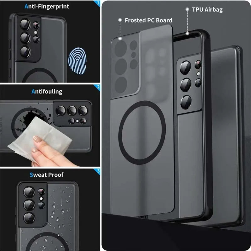 Luxury Magsafe Wireless Charge Case For Samsung Galaxy S20 S21 S22 S23 FE S24 Plus S24Ultra Shockproof Matte Clear Back Cover