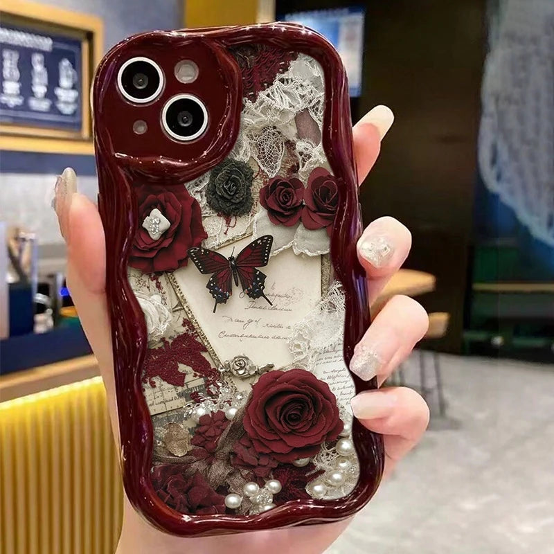 Butterfly Painted Flat Printing Wine Red Cream Texture Soft Phone Case For iPhone 17 16 15 14 13 12 11 Pro Max 16 Plus 17e Cover