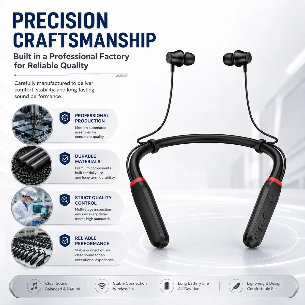 Bluetooth 5.4 Neckband Wireless Earbuds with Mic, 100H Standby Stereo Magnetic Sports Headphones for Running, Gym, Travel, Phone
