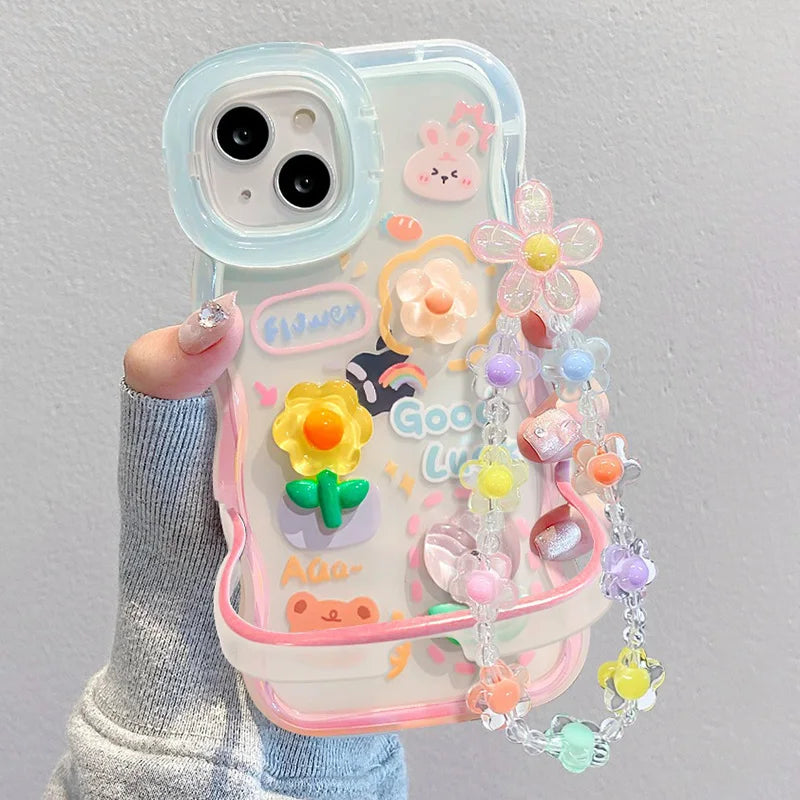 Flower Bracelet Chain Phone Holder Case For iPhone 16 17 15 14 13 12 11 Pro Max XS Max XR 3D Frog Rabbit Bracket Stand Cover
