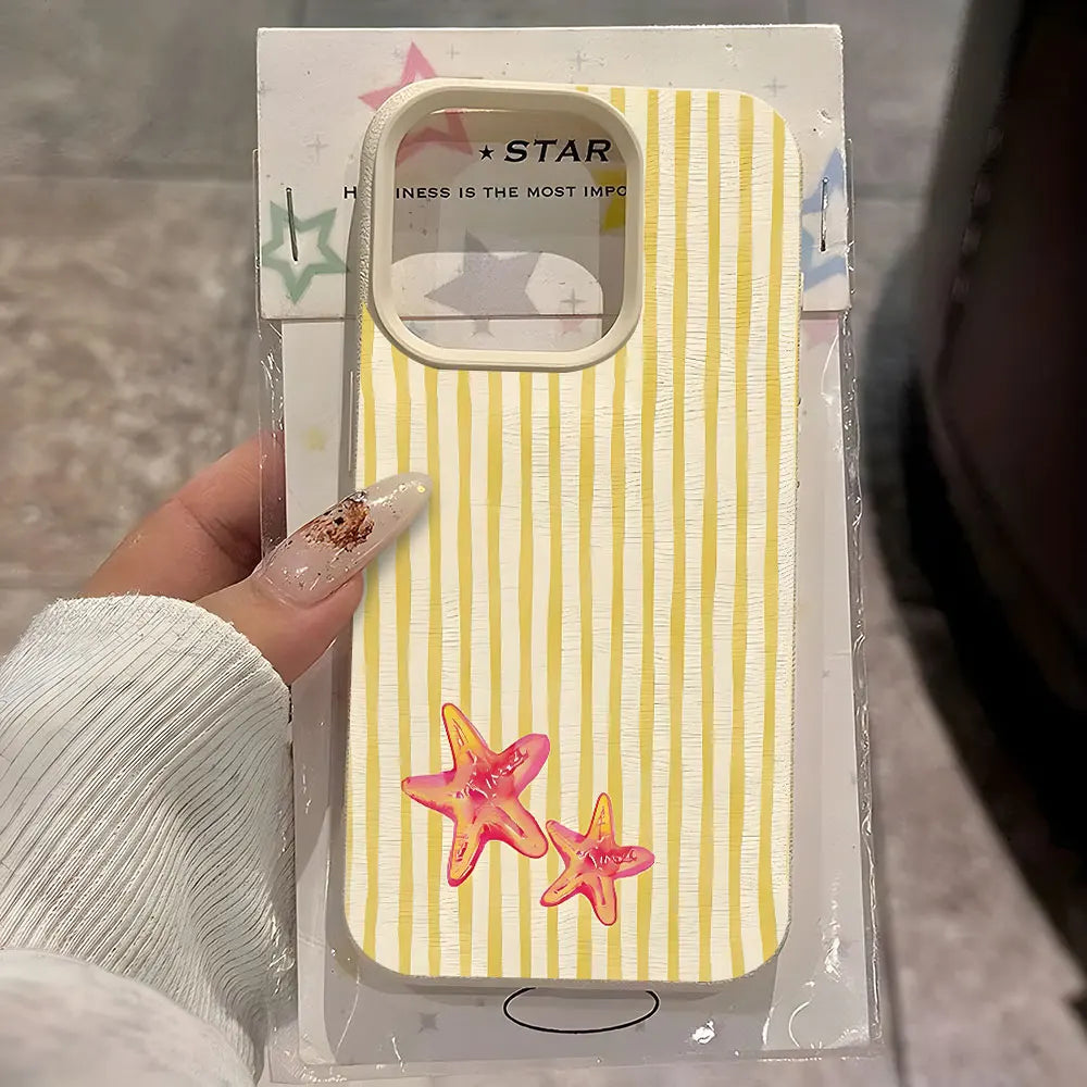 Cute Starfish Stripe Pattern Lychee Soft Phone Case For iPhone 11 12 13 14 15 Pro 16 17 Pro Max 15 14 Plus 17 Air X Xs XR Cover