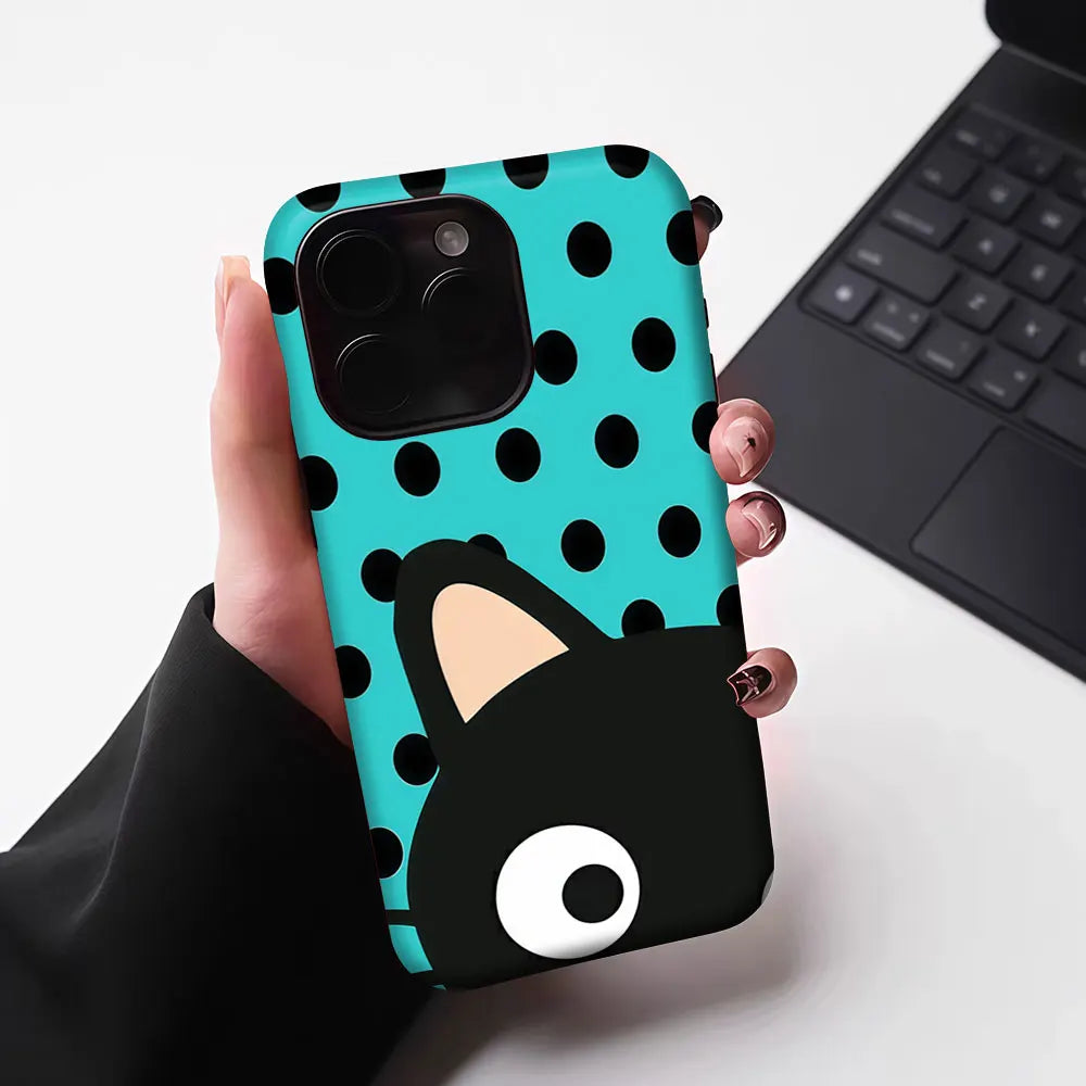 Aurbe Matte 2-in-1 Film Magsafe Case For iPhone 17 16 15 14 Plus 17 Pro Max Shockproof Hard Shell Turquoise Polka Dot Cat Case