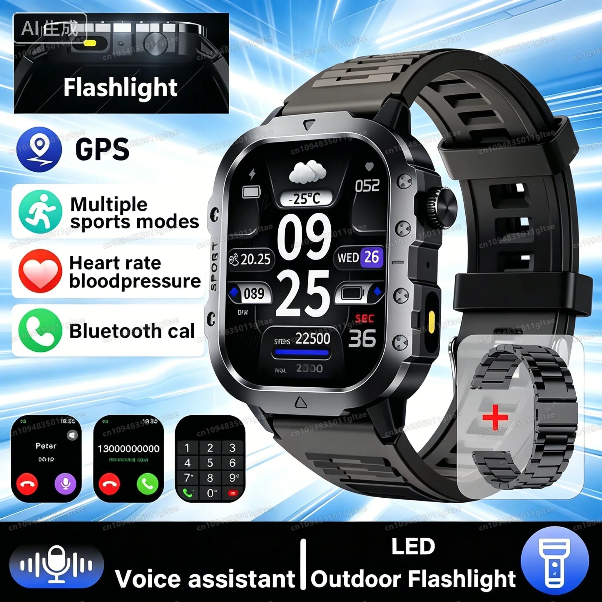 2026 New Military-grade Smart Watch Men GPS Flashlight 3ATM Waterproof Watch Bluetooth Call 100+Sport Outdoor Smartwatch Pk Hw12