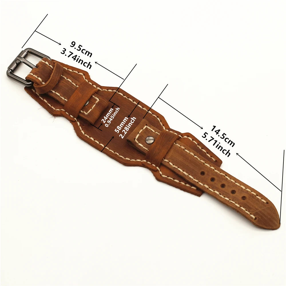 24mm Genuine Leather Watchband Handmade Stitched Pin Belt Punk Vintage WatchStrap Homme Men Jewelry