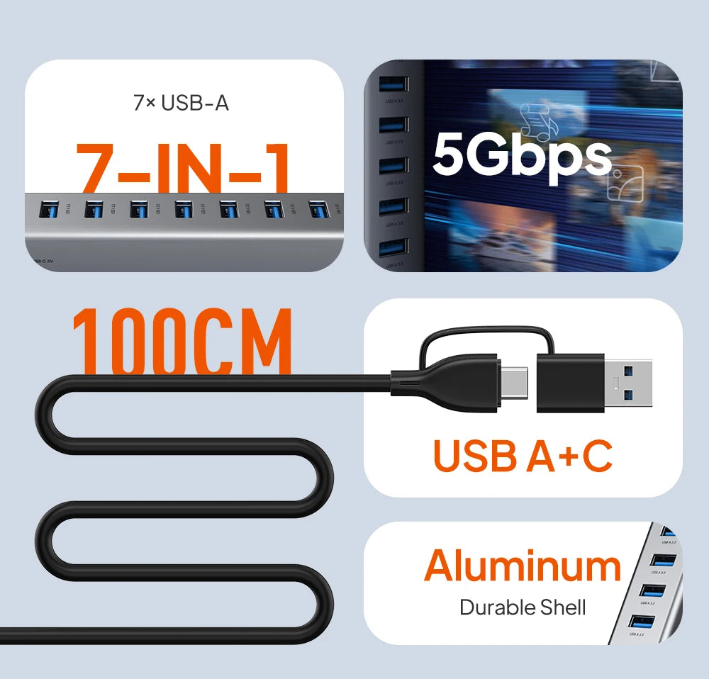 CABLETIME 7 IN 1 USB A Hub USB C HUB USB 3.0 5Gbps Fast Data Transfer Aluminum Durable Shell for Laptop Mac TV Hard Drive C HUB