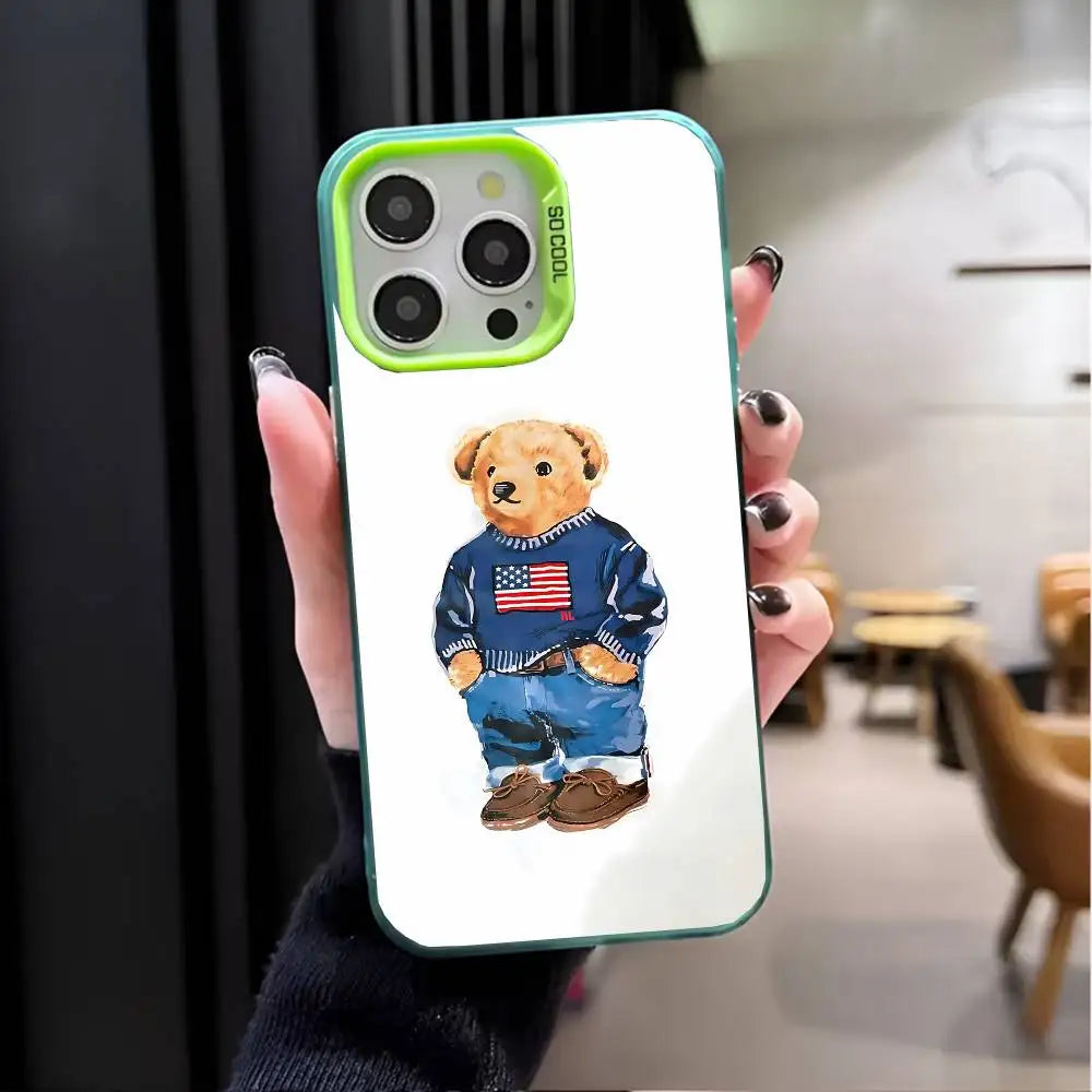1PC Fashion Bear P-Polo Phone Case For IPhone 17 Air 16 15 14 13 12 11 Pro Max Plus Color Shockproof Back Silver Cove