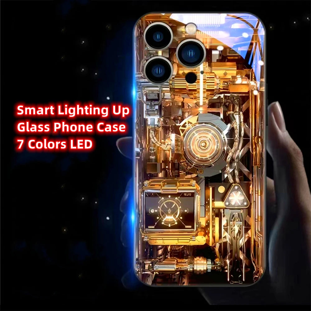 Cool PCB Structure Smart LED Light Glow Tempered Glass Phone Case For iPhone Air 17 E 16 E 15 14 13 12 11 Pro Max XS XR Plus