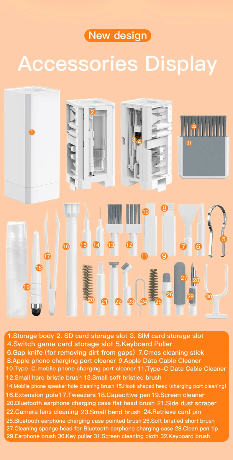 20/32-in-1 Multi-Functional Deep Cleaning Kit for iPhone Ports, AirPods, Keyboard, and Keycap Removal - Precision Tools