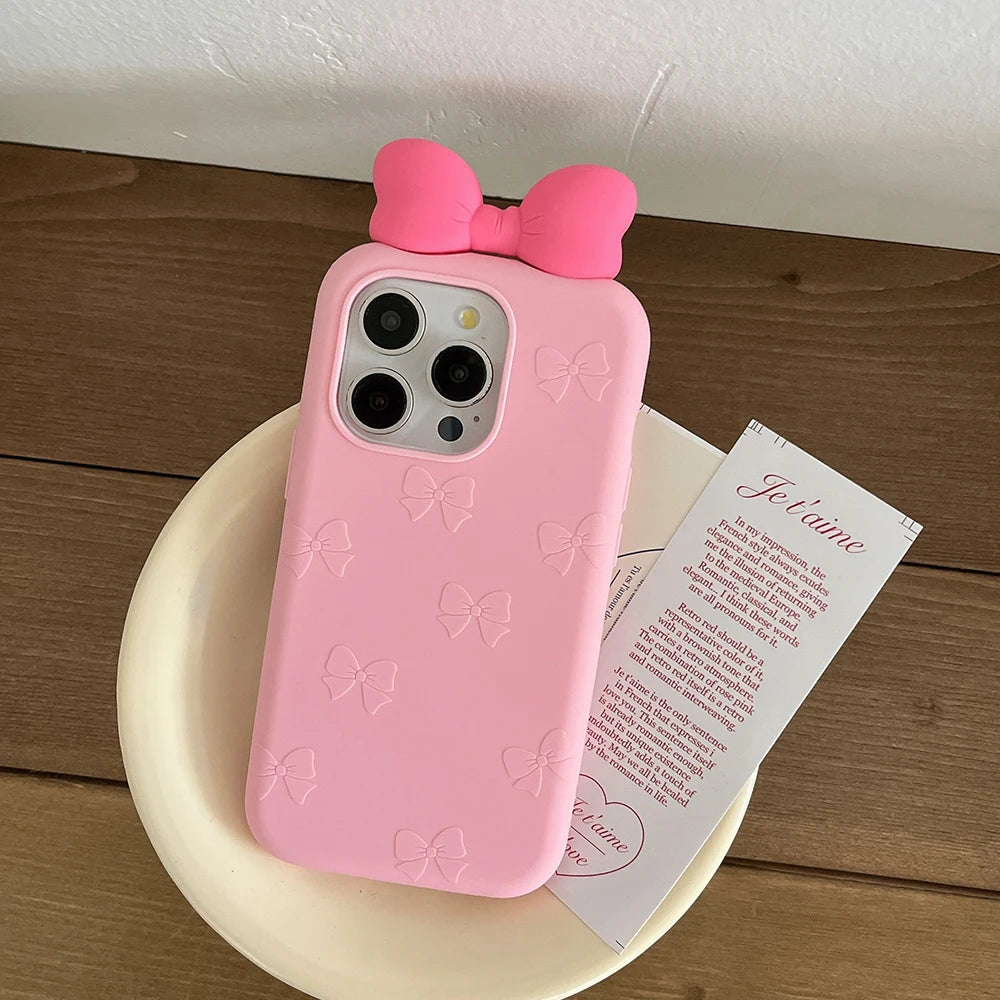 3D Cute Bowknot Cartoon Tie Silicone Phone Case for IPhone 13 14 15 16 Pro Max 17 15pro Shockproof Soft Lovely Cover