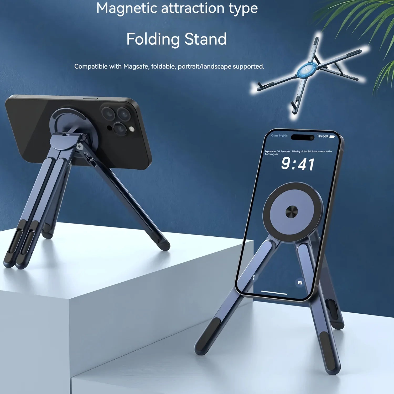 Portable Magnetic Phone Holder & Selfie Stick 3-in-1 Foldable Tripod Stand for iPhone iPad Tablet Laptop Desktop Use