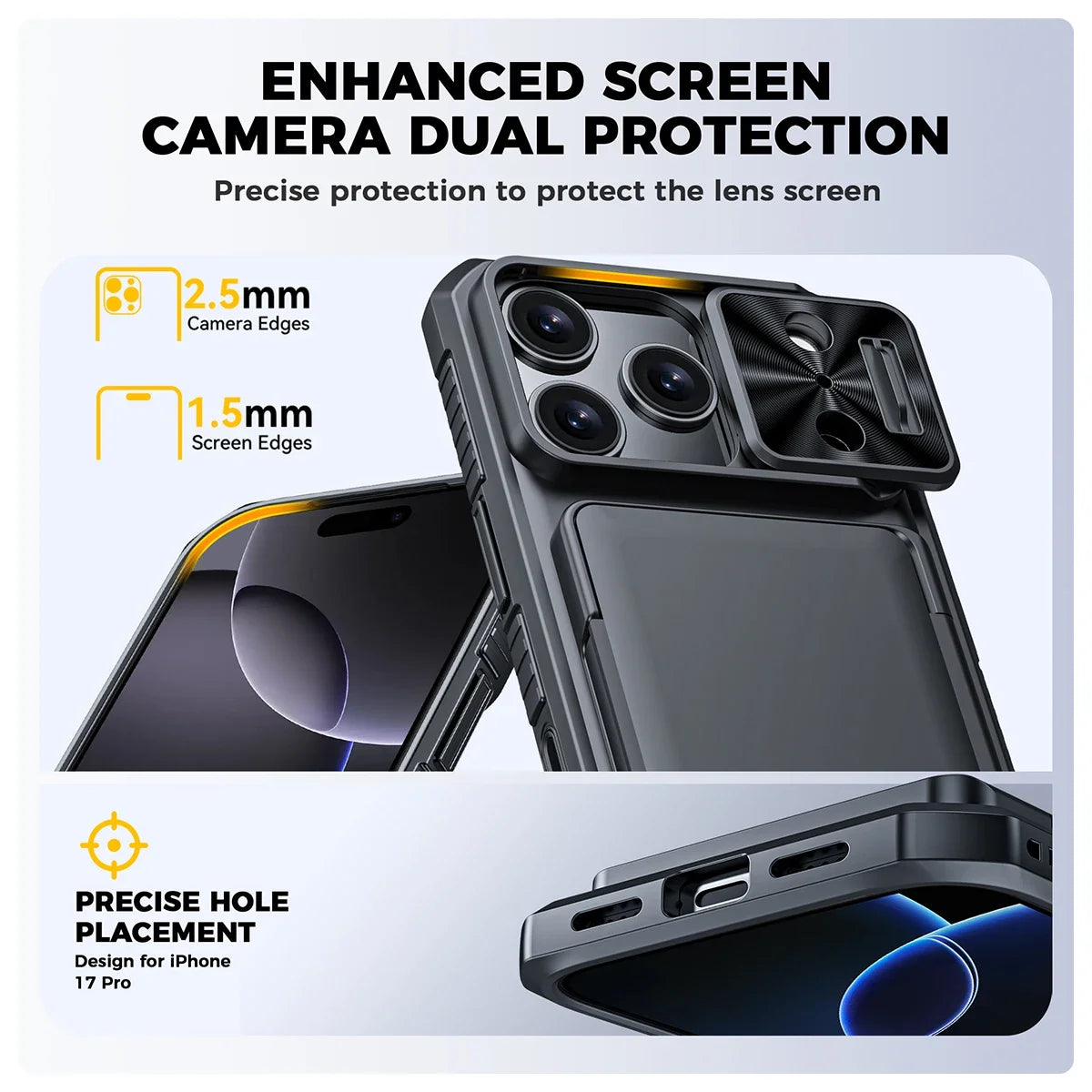 Halloween Gifts With Card Holder Sliding Camera Cover And Stand For iPhone 17 Pro Case,Anti-Fall PC+TPU Wallet Case-Black