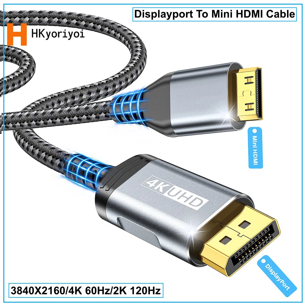 DisplayPort To Mini HDMI Cable 3840*2160 Video UHD 4K@60Hz 2K@120Hz For Desktop Laptop Portable Monitor Projector Mini PC