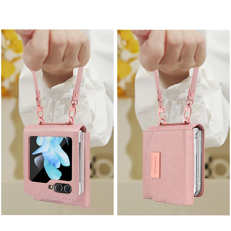Compatitable With Galaxy Z Flip 8 Case, Girls Women Leather Wallet Phone Case With Hand Strap For Samsung Z Flip 7 Flip 6 5 4 3