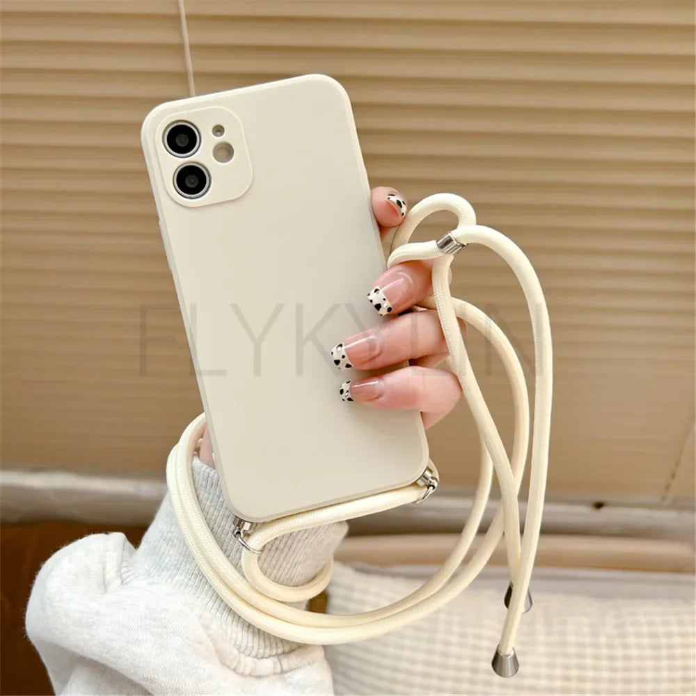 Crossbody Necklace Strap Lanyard Cord Phone Case For iPhone 13 12 MiNi 11 14 15 Pro X XR XS Max 6S 7 8 Plus Soft Silicone Cover
