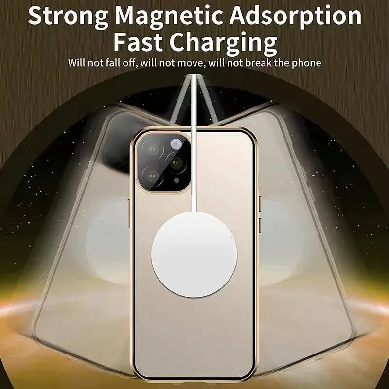 Metal Magnetic Case For Magsafe iPhone 17 Pro Max 16 15 14 13 12 Pro Max Plus Lens Protection Double Sided Glass Snap Lock Cover