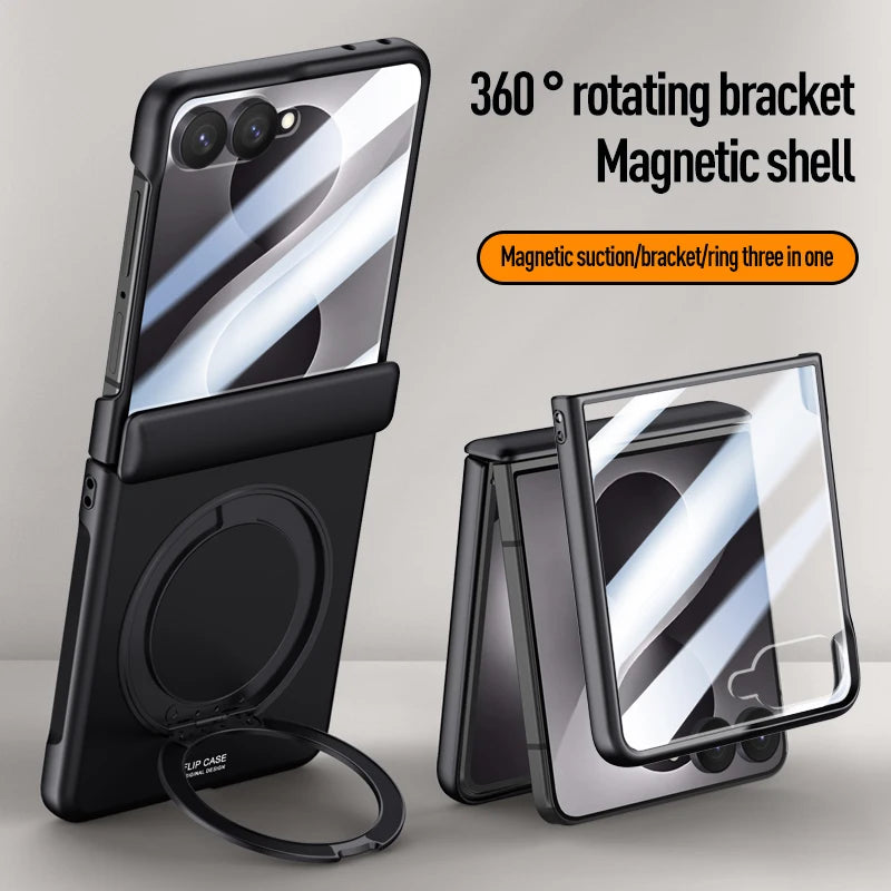 Magnetic Wireless Charging Matte Case For Samsung Galaxy Z Flip 8 7 With Rotating Bracket Hinge Tempered Film Shockproof Cover