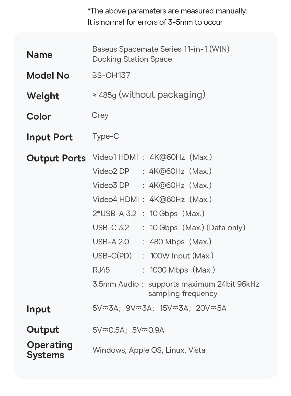 Baseus USB C Hub to DP 4K@60Hz HDMI DisplayPort 11-IN-1 Docking Station Triple Display RJ45 PD 100W For Window Mac USB 3.1 HUB