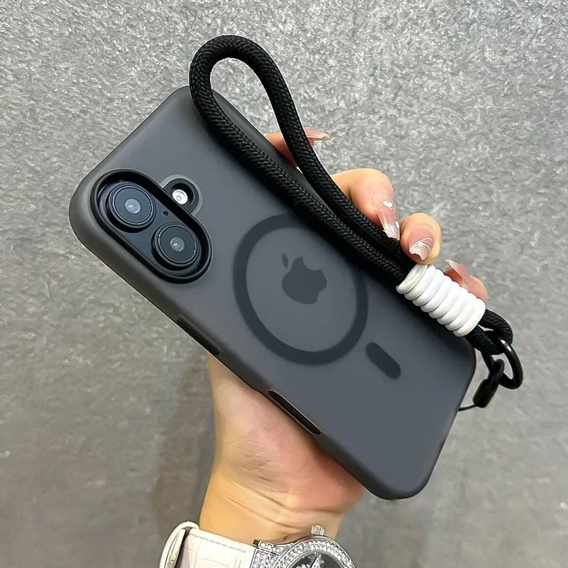 for Magsafe Candy Color Contrast Lanyard Case for iPhone 16 15 14 11 12 13 Pro Max Plus 16e Hand Wrist Strap Matte Soft Cover