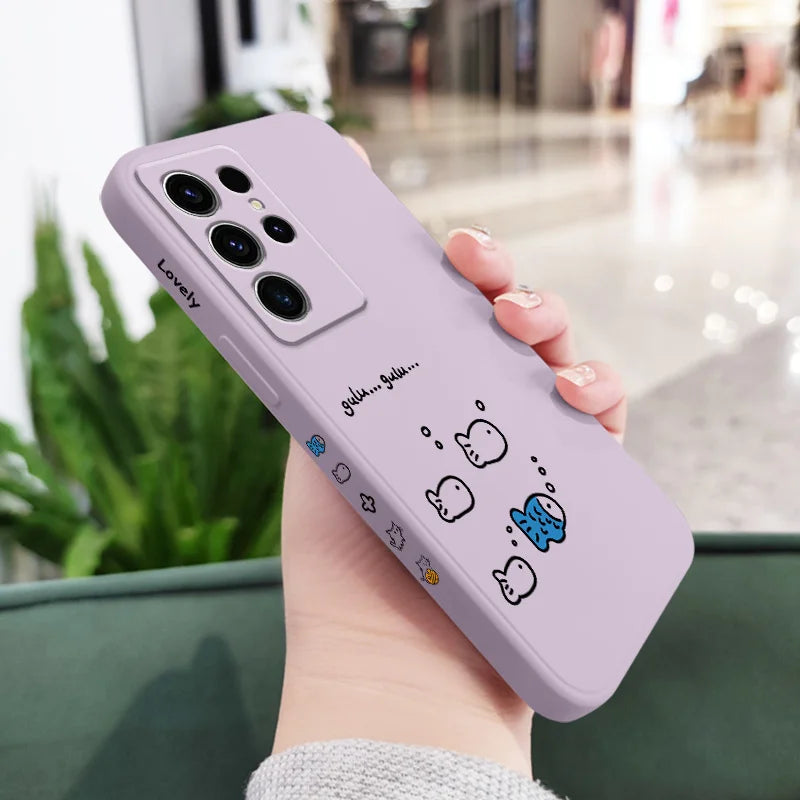 Cute Line Cat Phone Case For Samsung Galaxy S25 S24 S23 S22 S21 S20 S10 S10E Ultra Plus FE Note 20 Ultra 10 Plus Cover