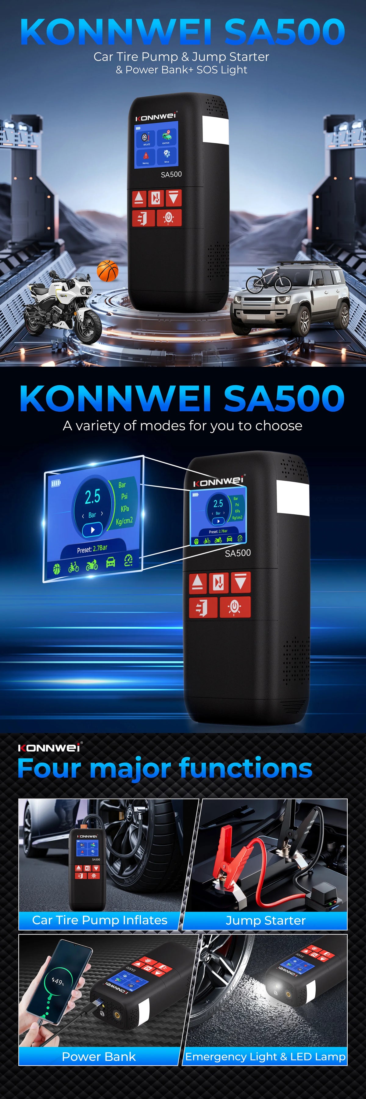 KONNWEI SA500 Car Jump Starter with Air Compressor 12V Portable Battery Booster Tire Inflator Power Bank Vehicle Emergency Start