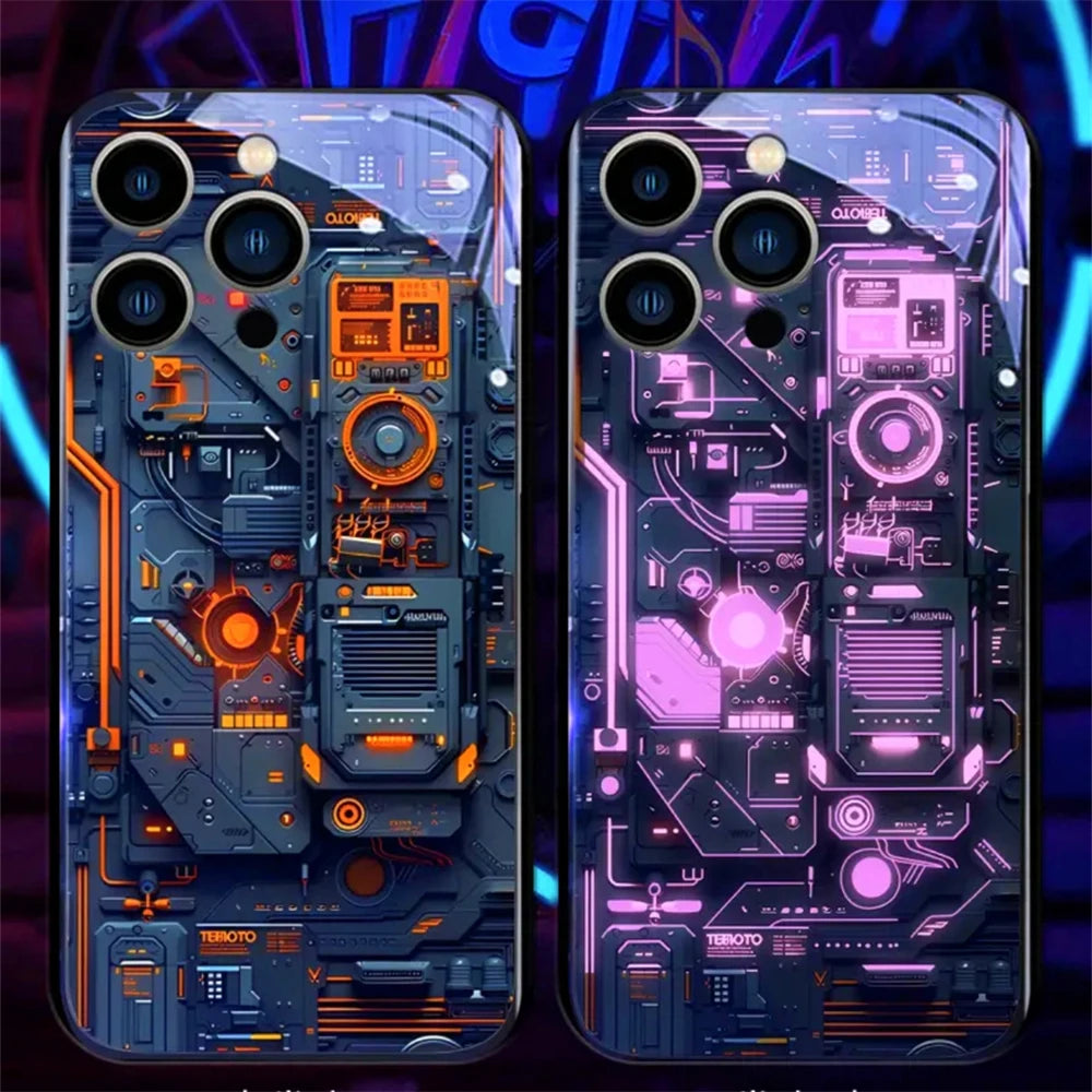 Cool PCB Structure Smart LED Light Glow Tempered Glass Phone Case For iPhone Air 17 E 16 E 15 14 13 12 11 Pro Max XS XR Plus