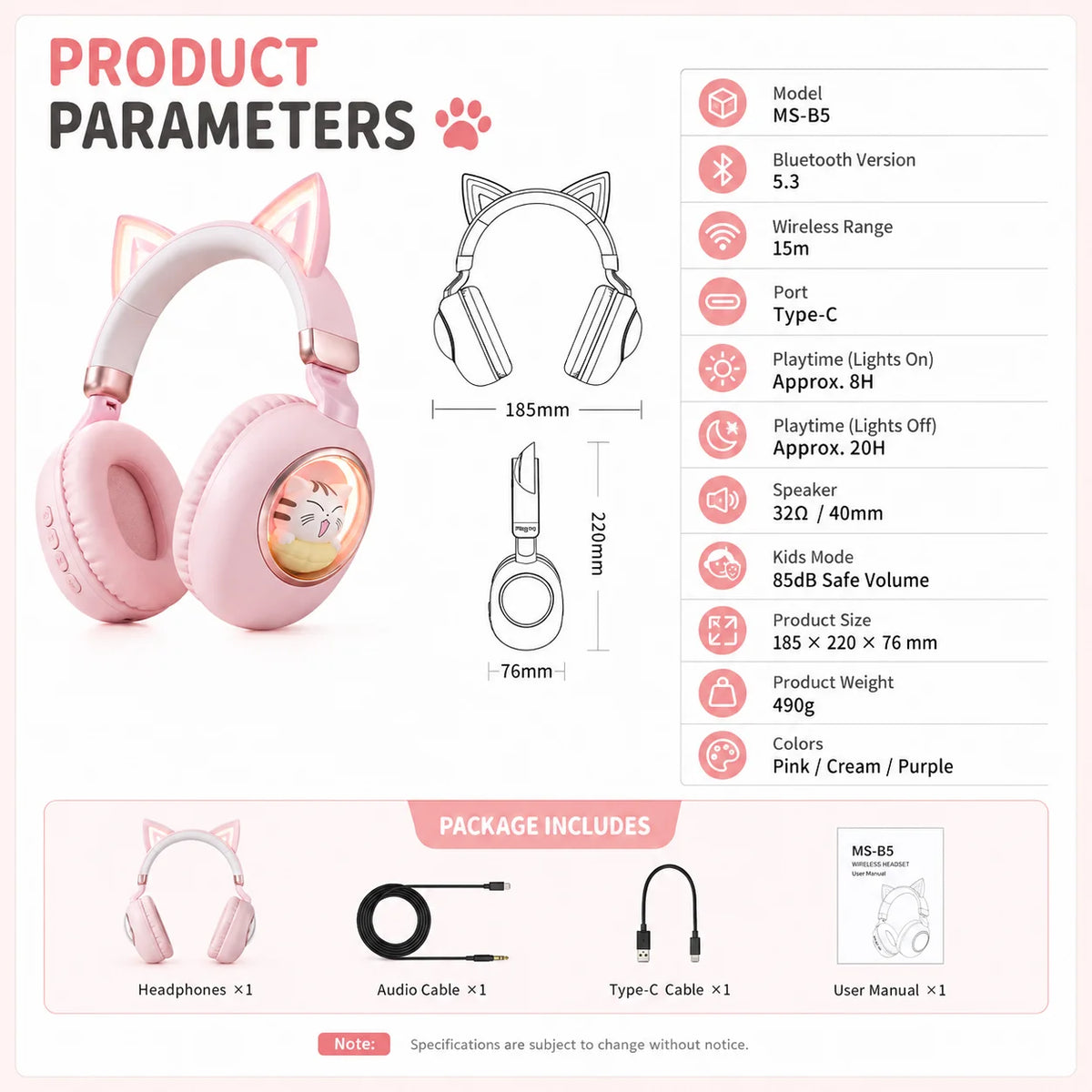 Kids Wireless Headphones Bluetooth 5.4 Cat Ear RGB Light Over-Ear Headset with 400mAh Battery, 20H Playtime, Low Latency