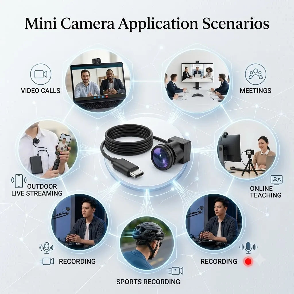 1080P Mini Webcam for Video Call TV, 3.7mm 90° & 2.8mm 120° Lens, USB Type-C Plug Play PC Camera with Mic, 2M Cable Android iOS