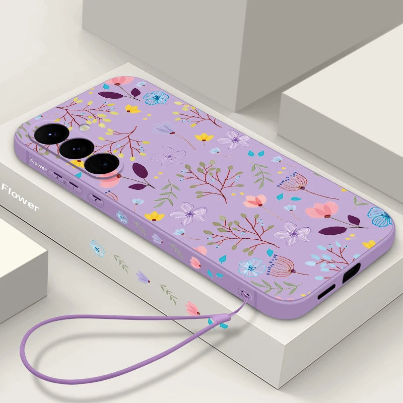 Luxury Flower Print Lanyard Case For Samsung Galaxy A55 A54 A56 5G A35 S26 A15 A14 A34 A52 A17 S21 FE S22 S23 S25 S24 Ultra Capa