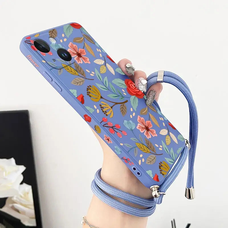 Five Petals Flower Crossbody Lanyard Silicone Phone Case For iPhone 13 15 12 14 11 Pro Max Mini X XR XS 8 7 6 6S Plus Cover