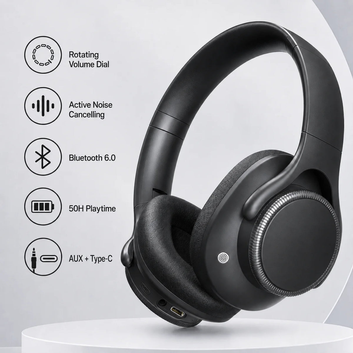 Wireless Headphones Bluetooth 6.0 ANC (Active Noise Cancelling) 40mm Drivers 50H Playtime Rotating Volume Dial Over-Ear Audio