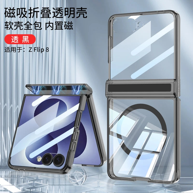 For Samsung Galaxy Z Flip 8 Case Transparent Magnetic Wireless Charging Hinge With Mirror Film Shockproof Back Cover Accessories