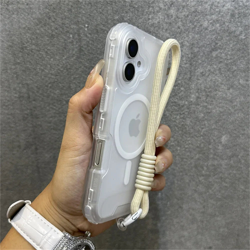 Luxury Armour Matte For Magsafe Phone Case For iPhone 17 11 14 12 13 15 16Pro Max Colourful Wrist Strap Lanyard Shockproof Cover