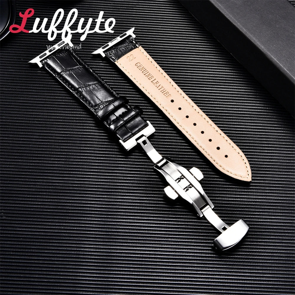 Bamboo Patterned Genuine Leather Strap for Apple Watch Ultra 8 7 SE 6 5 4 3 2 1 Business Watchband 38 40 41mm 42 44 45 49mm