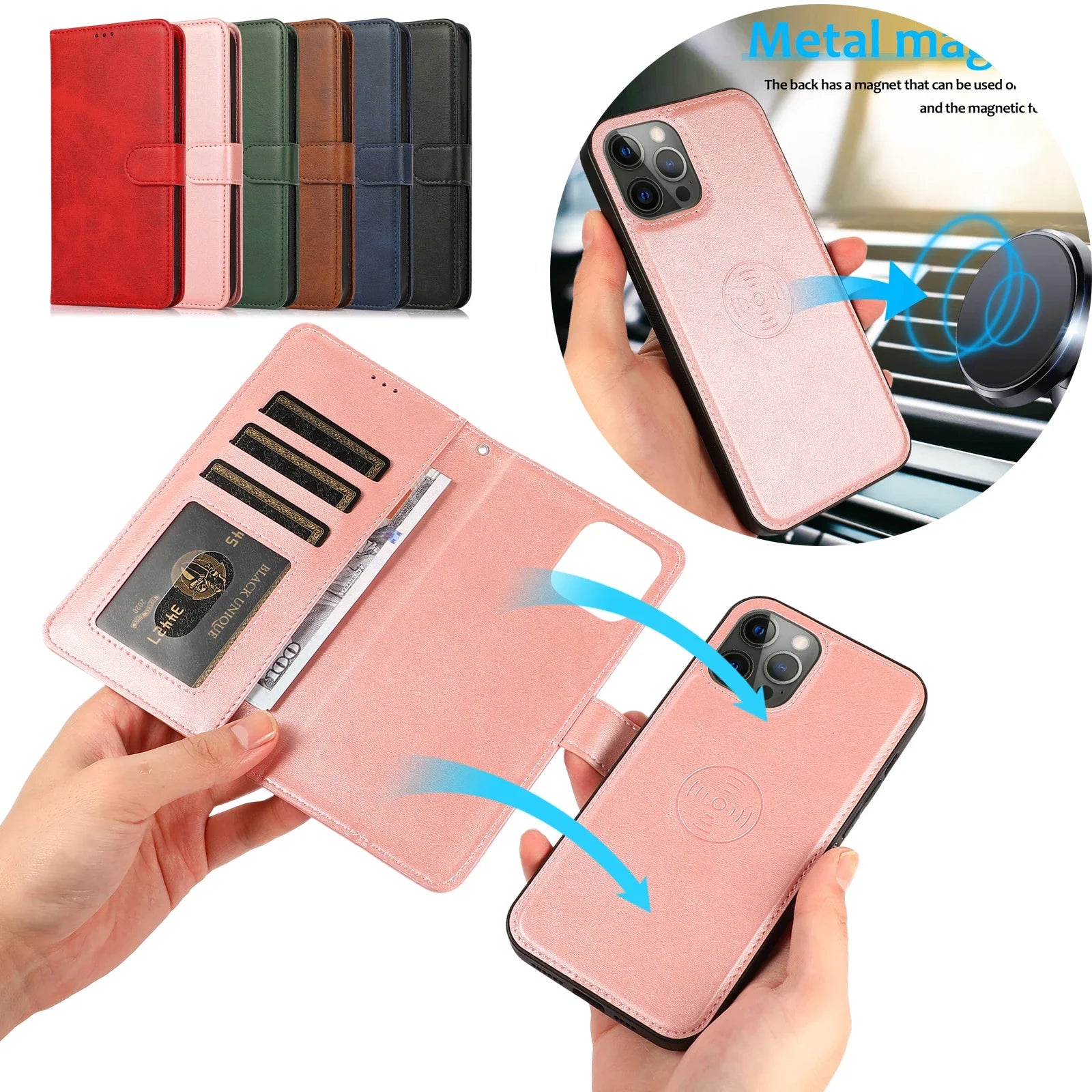 2 in 1 Magnetic Flip Leather Wallet Case for iPhone 16 Pro Max 14 15 Plus 13 12 11 17 Air SE 2022 Card Slot Detachable Cover