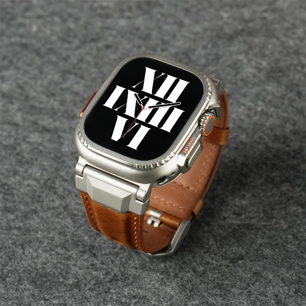 Genuine Leather bands For Apple watch ultra 3 2 49mm 44mm 45mm 46mm NEW Mecha Design bracelet iWatch series 11 10 9 8 7 6 5 SE