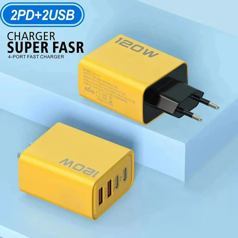 120W 4 Port USB Type C Charger Fast Charging Data Cable USB Phone Charger Adapter for Samsung iPhone Xiaomi Huawei Wall Charger