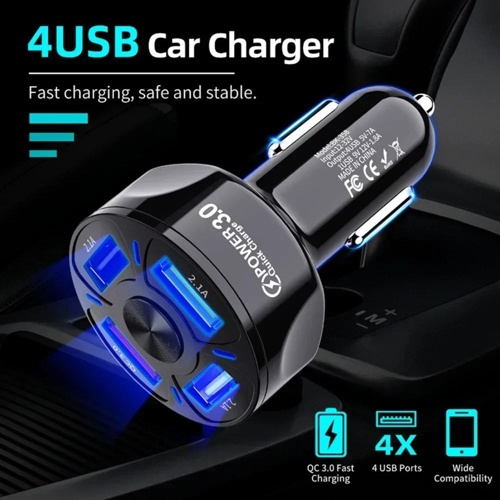 4 in 1 Retractable Car Charger Fast Charging Car Charger  with USB Type-C Cable & 2 Type C Charging Ports, Universal Car Charger